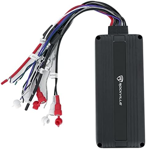 Rockville bluetooth UTV amplifier angled view highlighting heavy duty sealed wire harnesses.