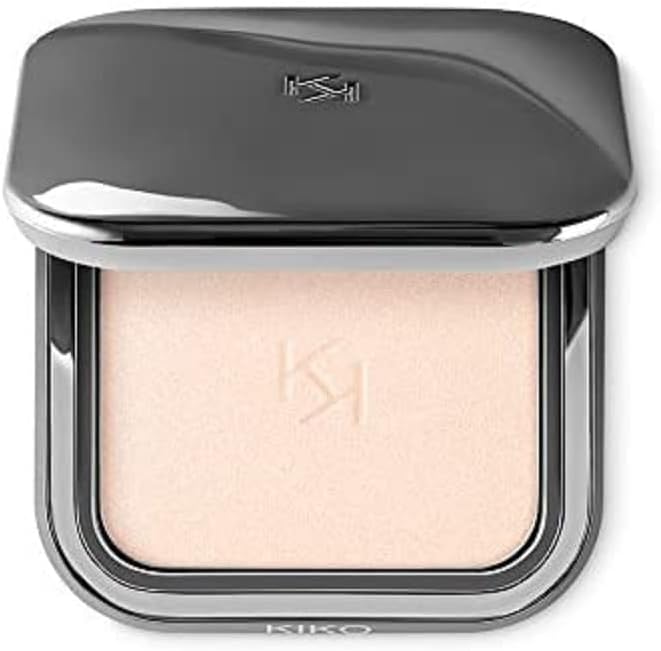 KIKO Milano Glow Fusion Powder Highlighter 01 Brilliant Champagne front view of open metallic silver compact showing embossed powder