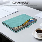Back view of the slim turquoise Fintie cover showing precise camera cutouts for Samsung tablet.