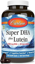 Carlson Super DHA Plus Lutein 120 count bottle featuring the Lutemax 2020 eye protection blend logo.