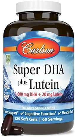 Carlson Super DHA Plus Lutein 120 count bottle featuring the Lutemax 2020 eye protection blend logo.