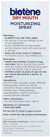 Biotene dry mouth relief spray for professional oral care maintenance.