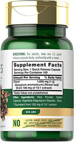 Back label of Carlyle Cloves 1000mg supplement listing non-GMO and gluten-free ingredients.