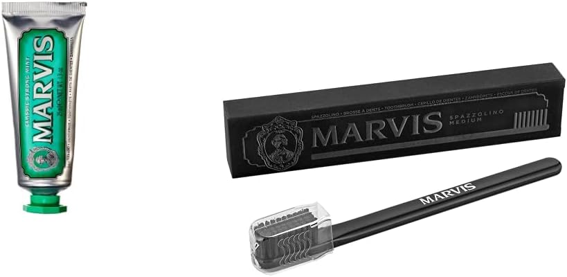 Marvis TSA Approved Classic Strong Mint Toothpaste and Medium Toothbrush Travel Set front view