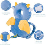 Toddler wearing dragon head protector backpack back view