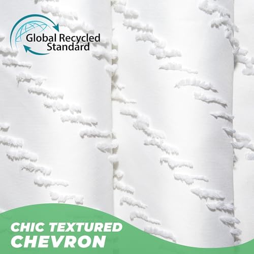 Close up view of textured tufted chevron stripes on white cloth curtain