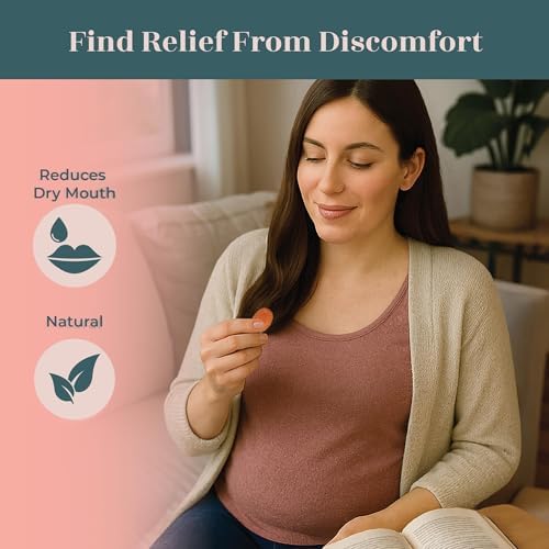 An expectant mother holding a Three Lollies sour tangerine drop for natural morning sickness management.