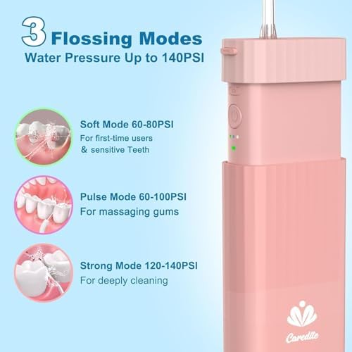 Handheld rechargeable dental water pick demonstrating compact size for travel.