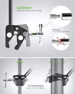 Compact portable phone holder for microphone stand folded flat for easy storage inside a travel backpack.