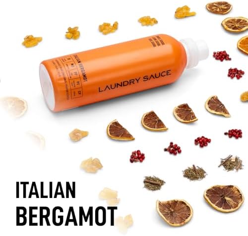 Close up of 19.5 fluid ounce Laundry Sauce bottle showing Italian Bergamot fragrance details.