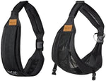 Compactly folded Hewmaw black mesh baby sling demonstrating its lightweight portability for travel.