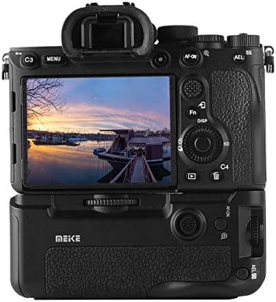 Meike vertical handgrip mounted on a compatible Sony mirrorless body in portrait configuration