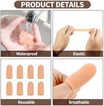 Waterproof thumb guard sleeve protecting a cracked fingertip during kitchen meal preparation.