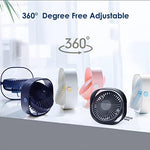 Simpeak quiet personal fan placed next to a laptop on an office desk illustrating its compact space saving size.