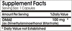 Side angle of DMAE dietary supplement bottle displaying clear label info and additive free certifications.