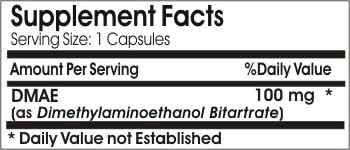 Side angle of DMAE dietary supplement bottle displaying clear label info and additive free certifications.