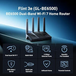 Rear view of GL.iNet Flint 3e GL-BE6500 router highlighting the five 2.5G multi-gigabit Ethernet ports for high-speed fiber optic connections.