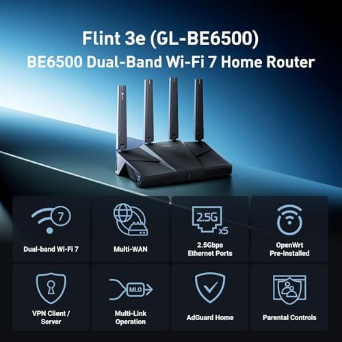 Rear view of GL.iNet Flint 3e GL-BE6500 router highlighting the five 2.5G multi-gigabit Ethernet ports for high-speed fiber optic connections.