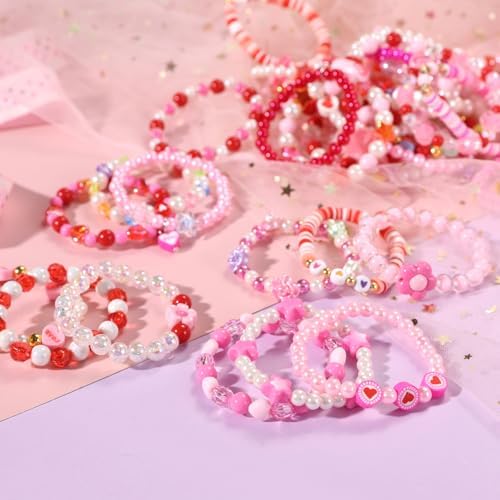 PinkSheep girls elastic jewelry assortment featuring heart and flower charms close up view