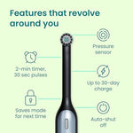 Quip rechargeable power toothbrush standing in its sleek countertop holder with extra soft bristles visible