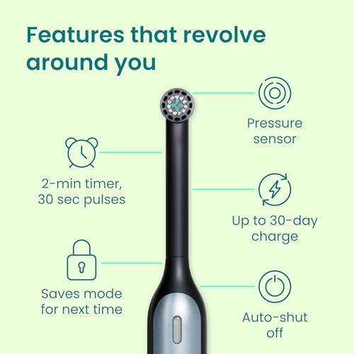 Quip rechargeable power toothbrush standing in its sleek countertop holder with extra soft bristles visible