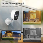 Geekee battery powered home surveillance camera kit showing two white weatherproof units
