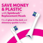 Bottom view of Spinbrush Kids toothbrush showing the battery compartment for AA batteries.