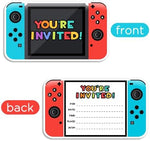 Yangmics Direct video game party invitations with matching envelopes spread out on a table layout.