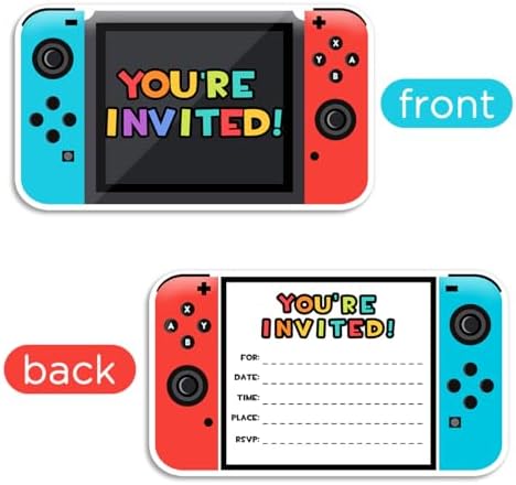 Yangmics Direct video game party invitations with matching envelopes spread out on a table layout.
