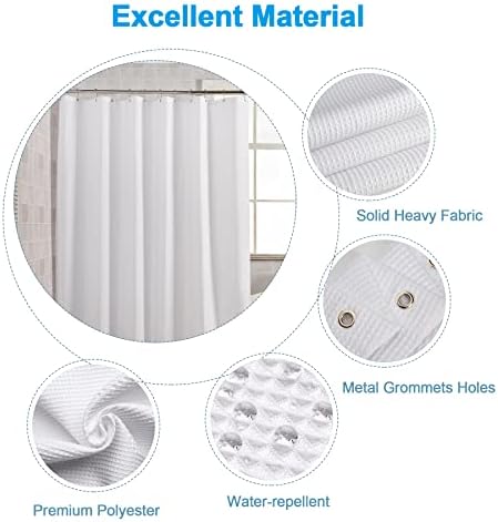 Top border header of AmazerBath cloth shower curtain showing 12 rust resistant metal grommets