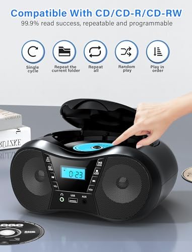 Top view of Greadio boombox controls and CD compartment