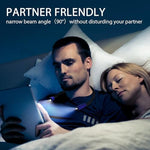 Hands free LED book lamp resting comfortably on a user neck
