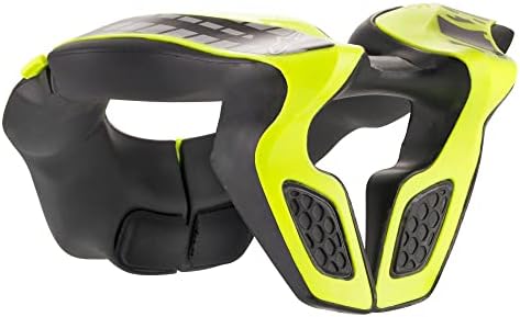 Ergonomic youth motorsports neck protector displaying the quick release closure mechanism and rear energy dissipation frame