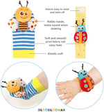 Authentic Bloobloomax infant rattles kit from the United States showing the complete four pack assembly.