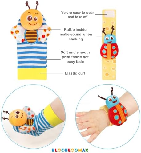 Authentic Bloobloomax infant rattles kit from the United States showing the complete four pack assembly.