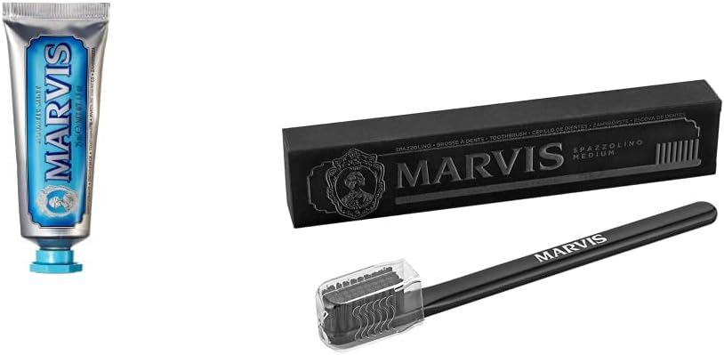 Marvis TSA Approved Aquatic Mint Toothpaste and Medium Toothbrush travel set front view