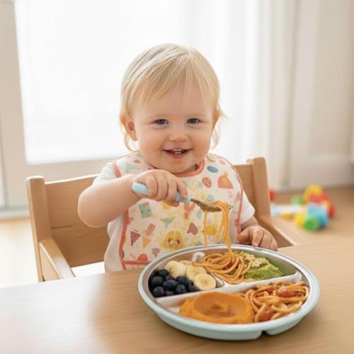 Three pack toddler stainless steel plates in blue green brown