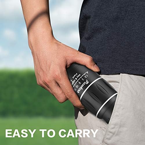 Pankoo sixteen times magnification monocular being held in one hand to demonstrate its pocket-friendly compact size