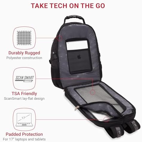 Swiss Gear TSA approved lay flat laptop compartment opened completely flat for airport security screening.