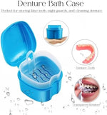 Green denture bath case with inner strainer basket showing open lid mechanism