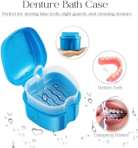 Green denture bath case with inner strainer basket showing open lid mechanism