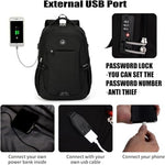 Close-up view of the SHRRADOO travel computer bag showing the secure TSA approved combination lock and sturdy hidden anti theft dual zippers