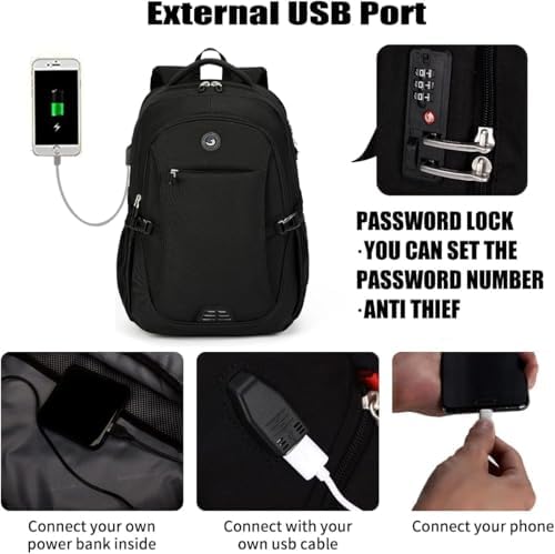Close-up view of the SHRRADOO travel computer bag showing the secure TSA approved combination lock and sturdy hidden anti theft dual zippers