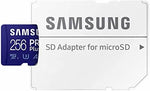 Samsung PRO Plus 256GB memory card inserted into the included full size SD adapter