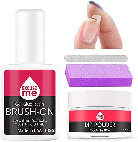 Open nail repair kit showing brush-on glue and clear dip powder for split nails.