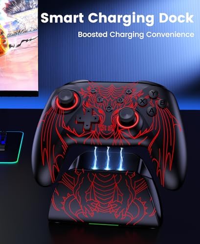 ELISWEEN multi platform gamepad next to charging station showing accessories