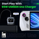 UGreen Uno Nexode fast charging block showcasing the three available ports including two USB-C and one USB-A.