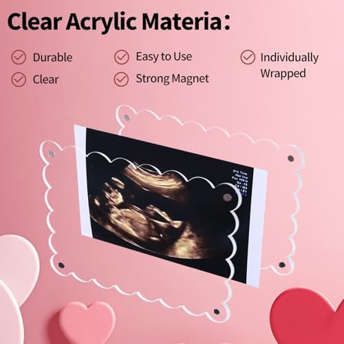 Mlatnod acrylic sonogram frame attached to a refrigerator door showing strong magnetic closure.