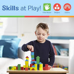 Premium wooden stacking blocks stored neatly inside the portable box container with handle.