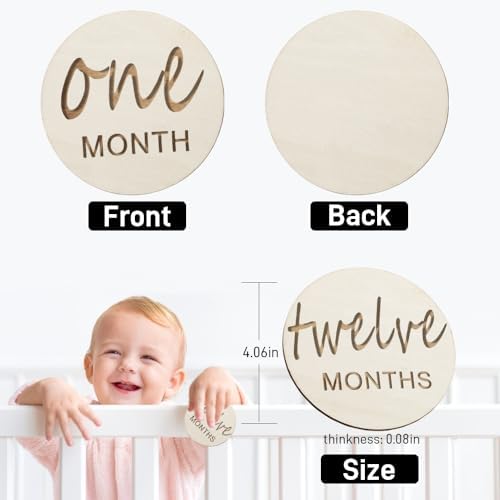 Vichona baby monthly milestone wood discs arranged sequentially for tracking newborn development